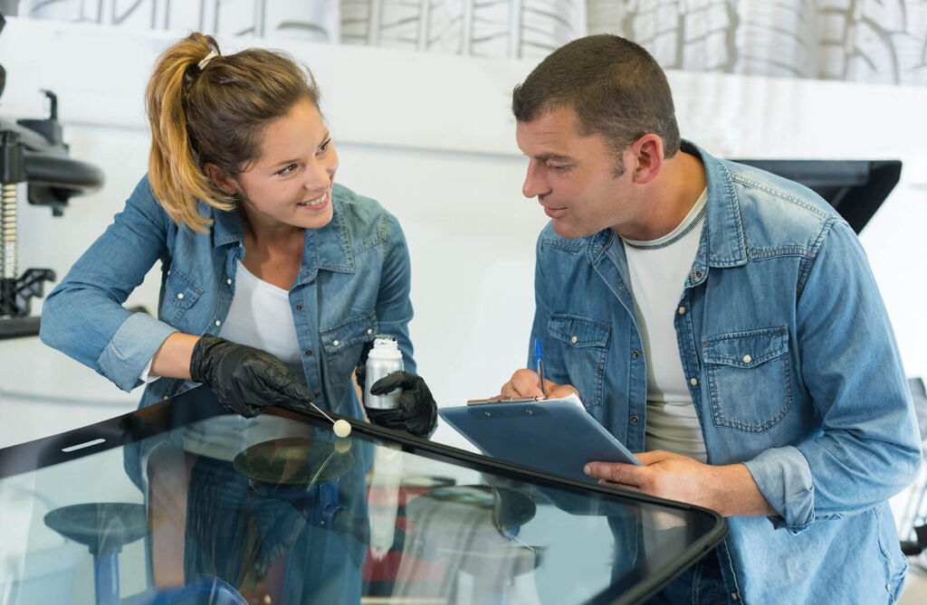 Windscreen Replacement Brisbane's Technicians collaborating on a windscreen repair